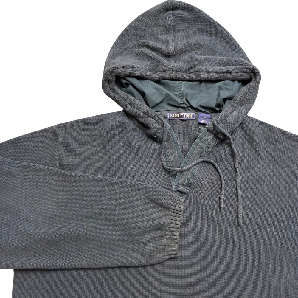 STRUCTURE Men's XL Navy Blue Knit‎ Hoodie Pullover US020 Spellout Sweater